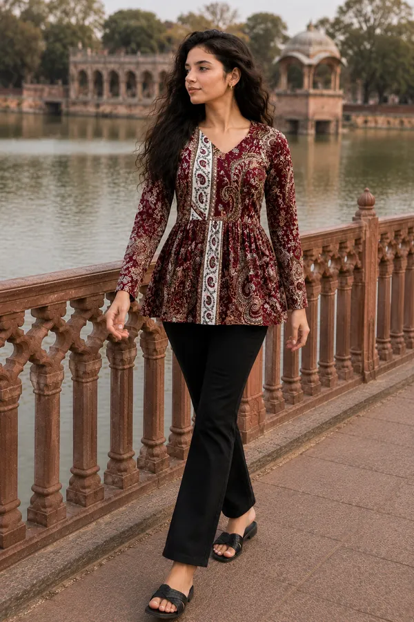 Maroon_Paisley_Print_Pure_Cotton_Peplum_Kurti_With_Full_Sleeves_For_Women