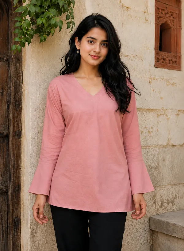 Women_S_Dusty_Rose_Rayon_Short_Kurti_V_Neck_Full_Sleeve_Office_Casual_Wear