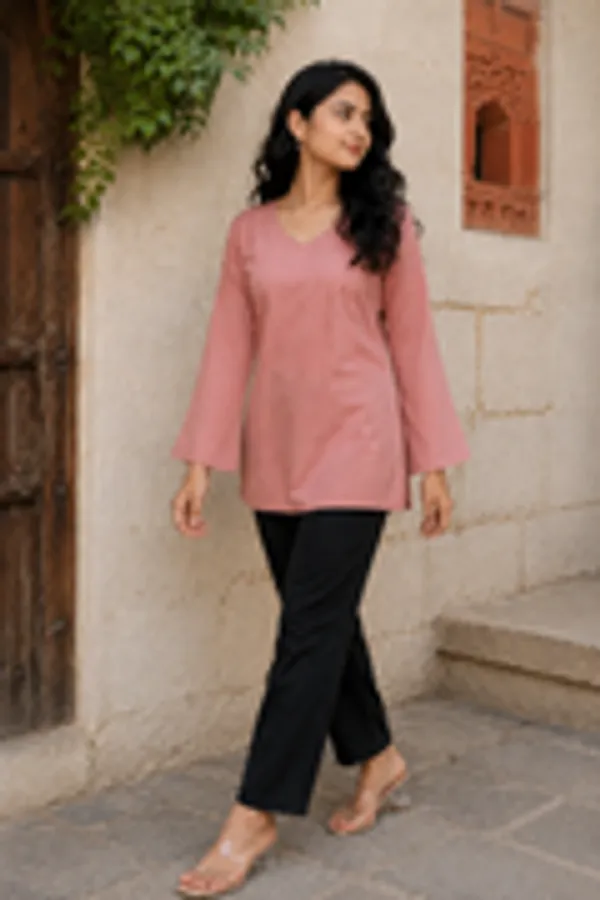 Women_S_Dusty_Rose_Rayon_Short_Kurti_V_Neck_Full_Sleeve_Office_Casual_Wear