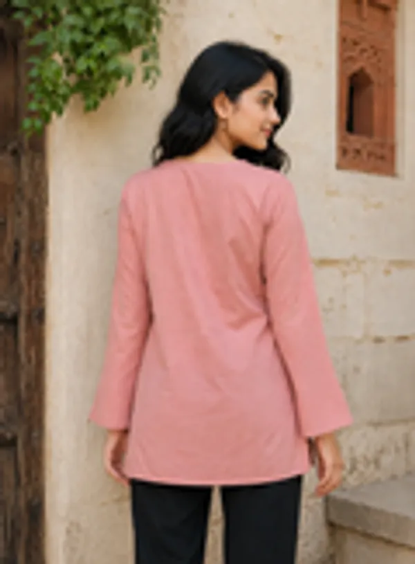 Women_S_Dusty_Rose_Rayon_Short_Kurti_V_Neck_Full_Sleeve_Office_Casual_Wear