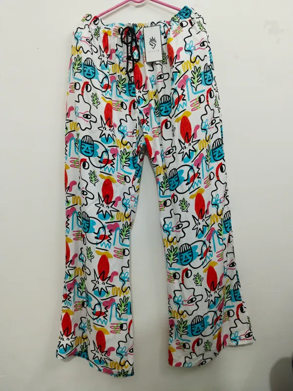 White_Abstract_Print_Wide_Leg_Pants_for_Women