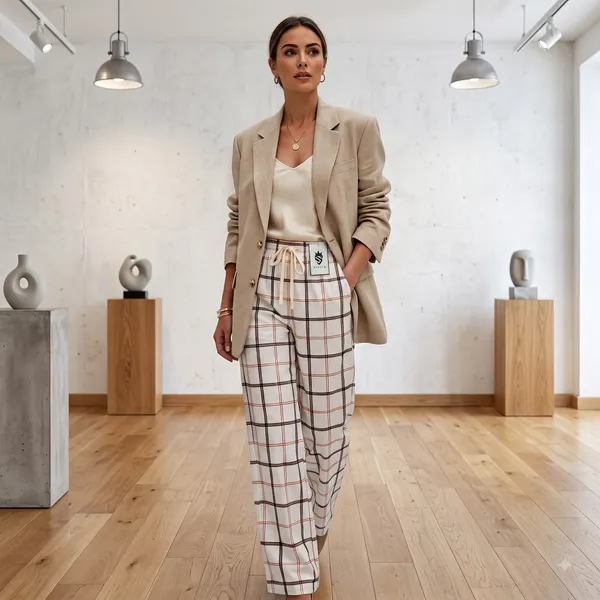 Cream_Plaid_Wide_Leg_Trousers_for_Women