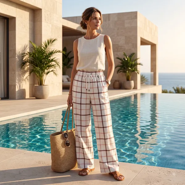 Cream_Plaid_Wide_Leg_Trousers_for_Women