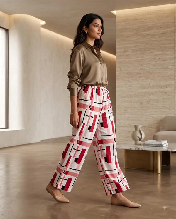 White_And_Pink_Geometric_Print_Wide_Leg_Pants_for_Women