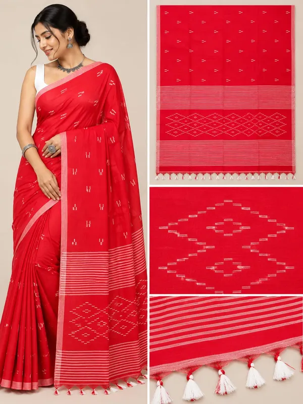 Red_Khadi_Handloom_Geometric_Saree_For_Women
