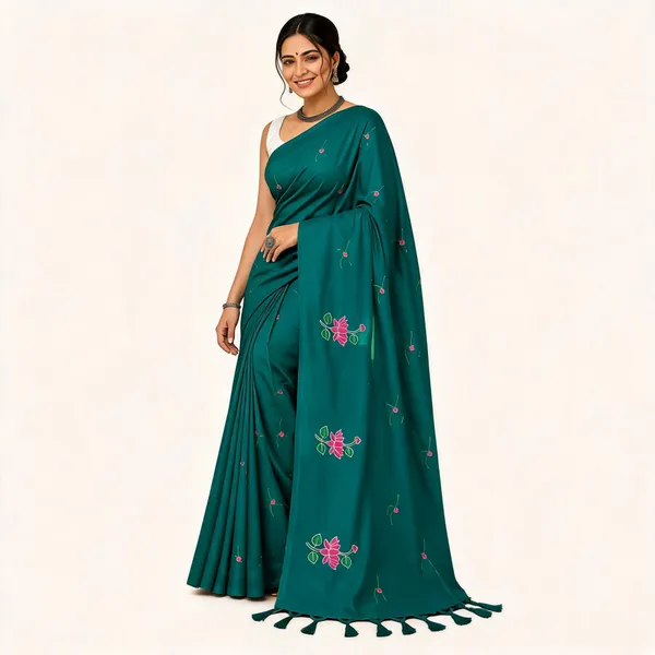 Teal_Cotton_Khadi_Butta_Saree_For_Women