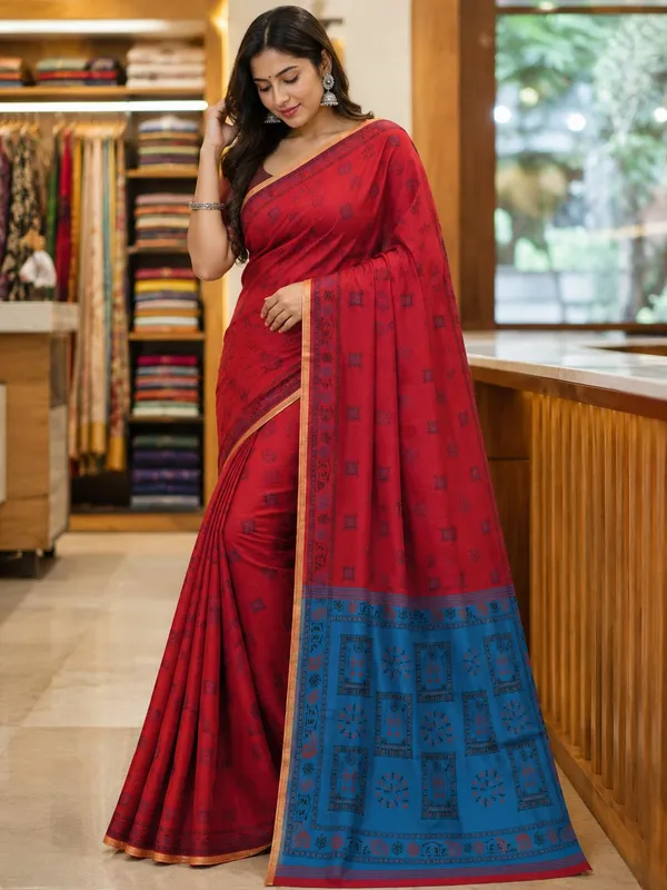 Red_Cotton_Printed_Saree_For_Women