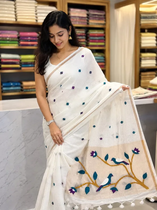 White_Linen_Handloom_Hand_Butta_Saree_For_Women