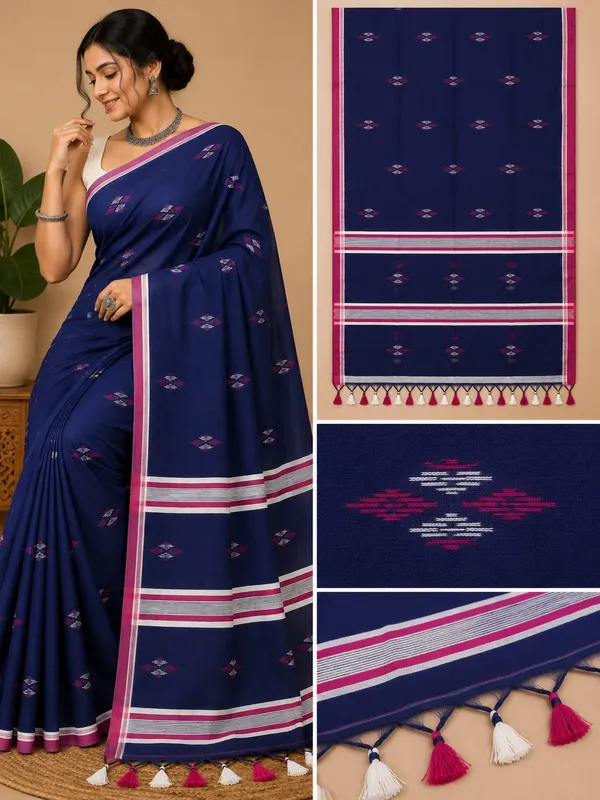 Navy_Blue_Khadi_Handloom_Hand_Butta_Saree_For_Women