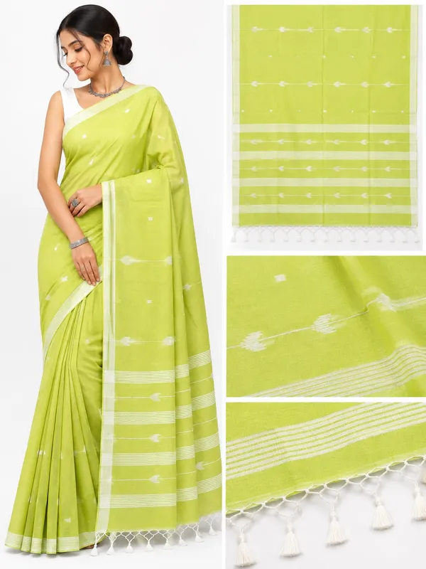 Lime_Green_Khadi_Handloom_Hand_Butta_Saree_For_Women