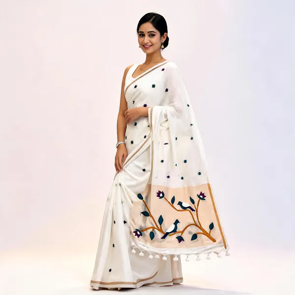 White_Linen_Handloom_Hand_Butta_Saree_For_Women