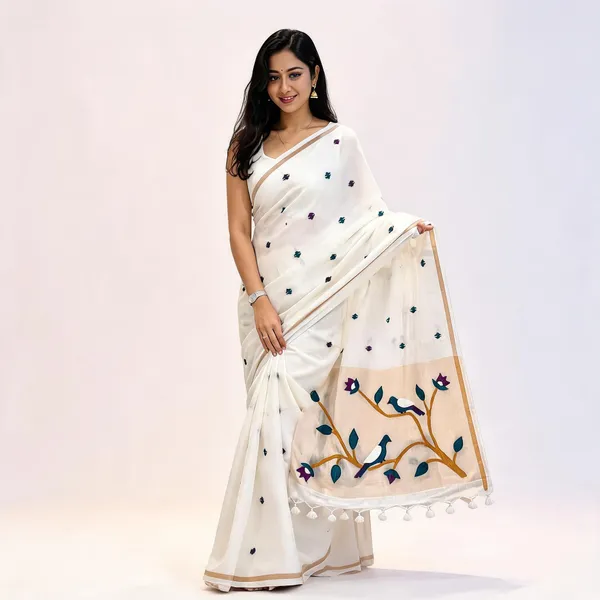 White_Linen_Handloom_Hand_Butta_Saree_For_Women