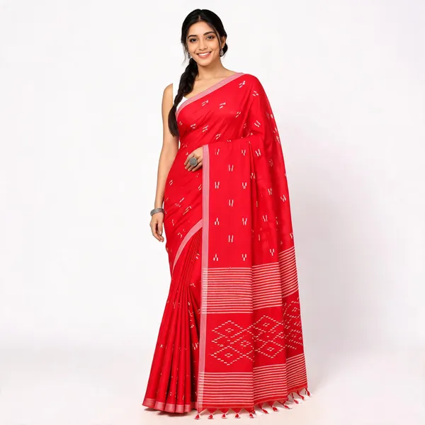 Red_Khadi_Handloom_Geometric_Saree_For_Women