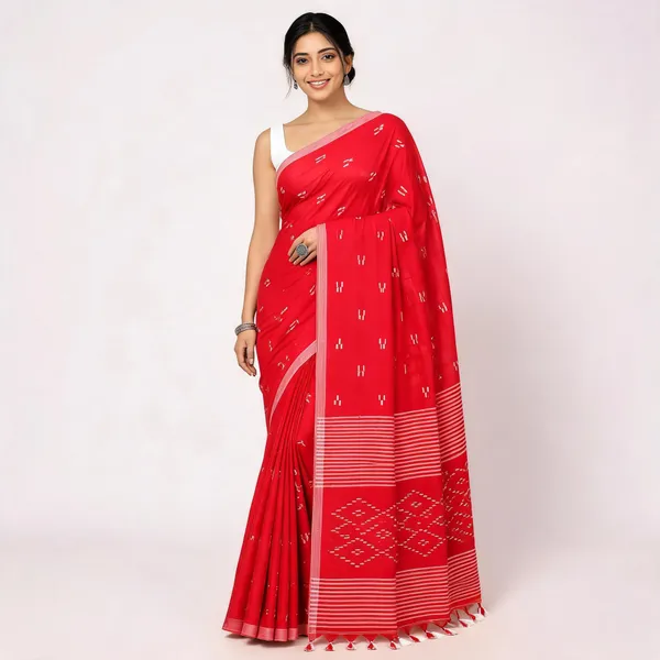 Red_Khadi_Handloom_Geometric_Saree_For_Women