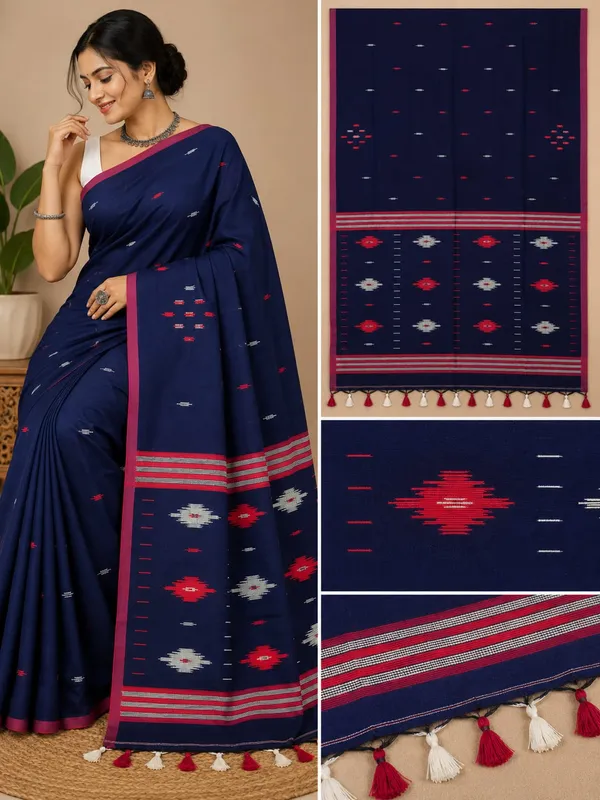 Navy_Blue_Khadi_Handloom_Geometric_Saree_For_Women