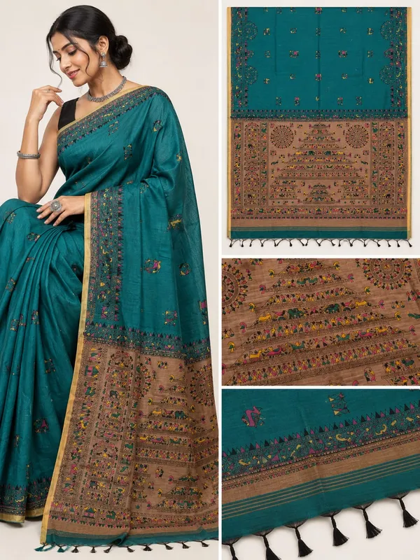 Teal_Cotton_Printed_Saree_For_Women