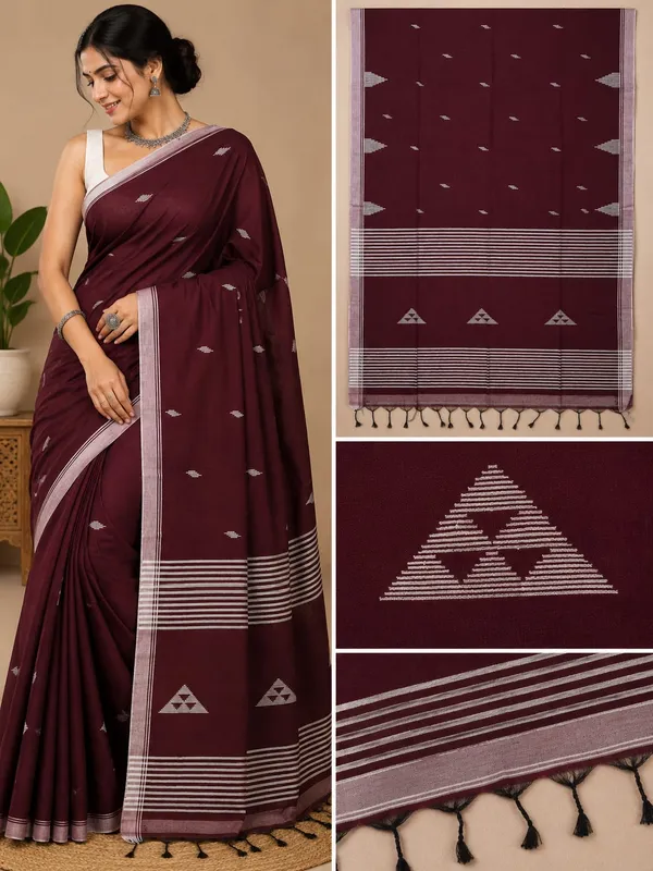 Maroon_Khadi_Handloom_Woven_Saree_For_Women
