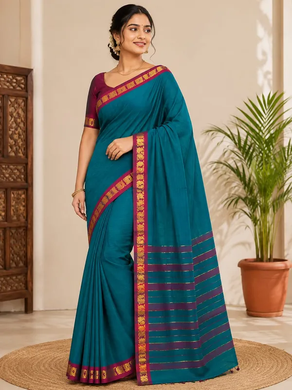 Teal_Pure_Cotton_Gadwal_Saree_For_Women