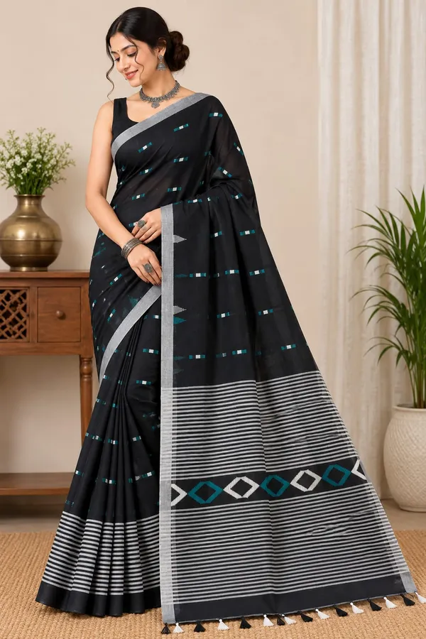 Black_Khadi_Handloom_Printed_Saree_For_Women