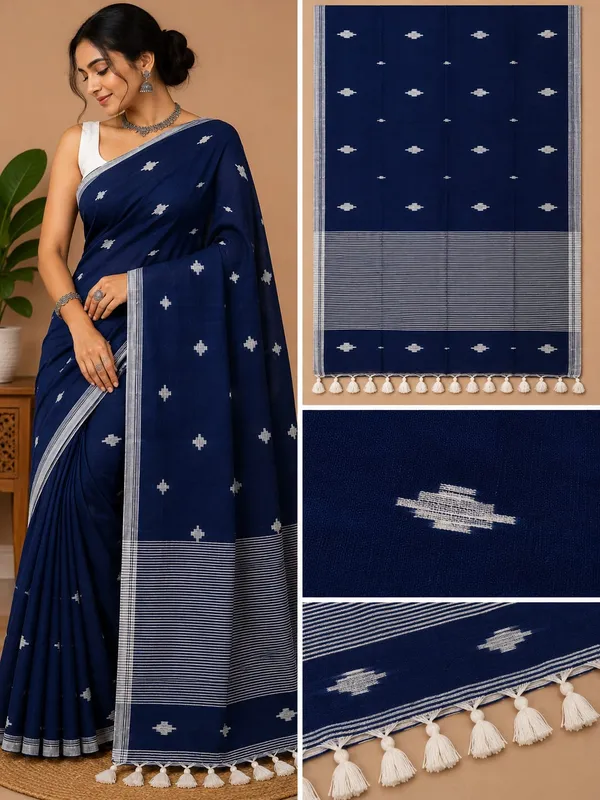 Navy_Blue_Khadi_Handloom_Woven_Motif_Saree_For_Women