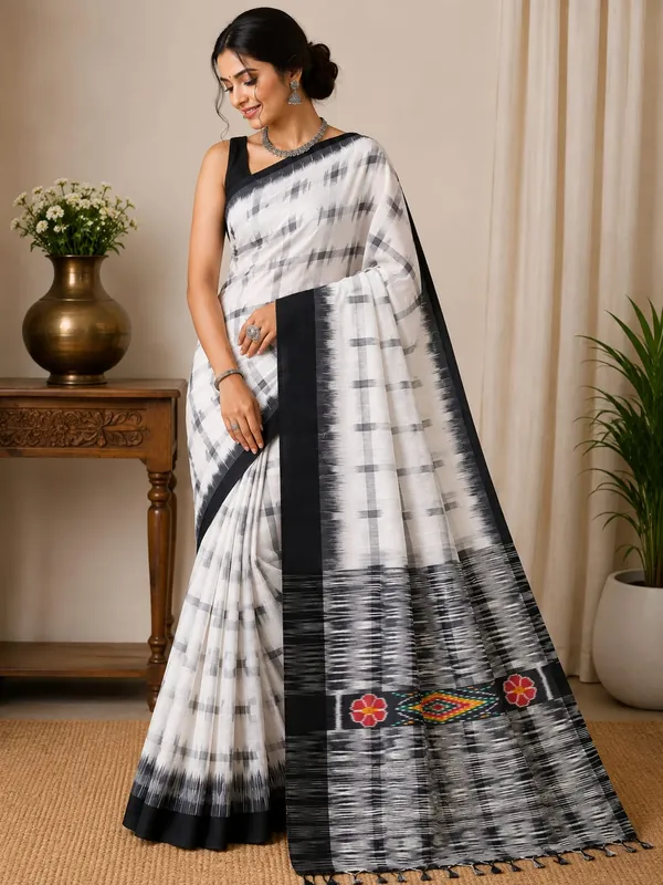 White_Khadi_Handloom_Patterned_Saree_For_Women