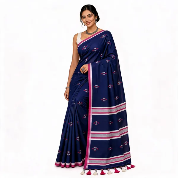 Navy_Blue_Khadi_Handloom_Hand_Butta_Saree_For_Women