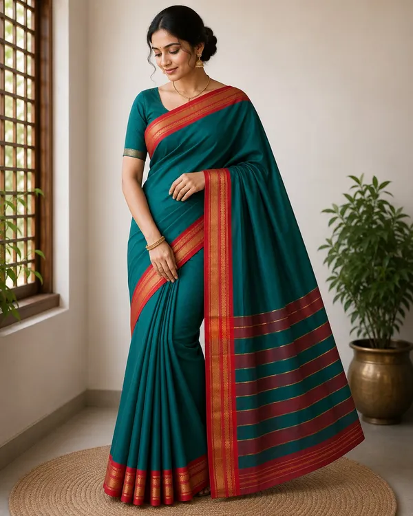 Teal_Cotton_Gadwal_Contrast_Border_Saree_For_Women