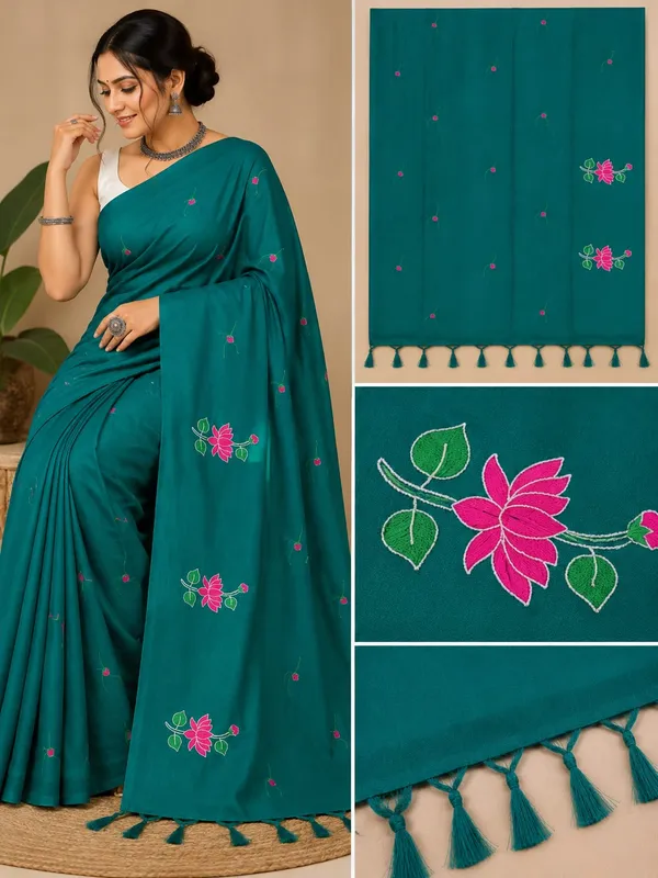 Teal_Cotton_Khadi_Butta_Saree_For_Women