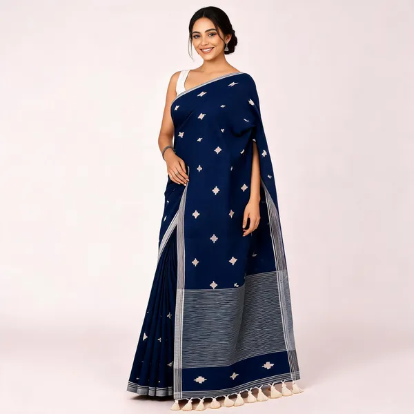 Navy_Blue_Khadi_Handloom_Woven_Motif_Saree_For_Women