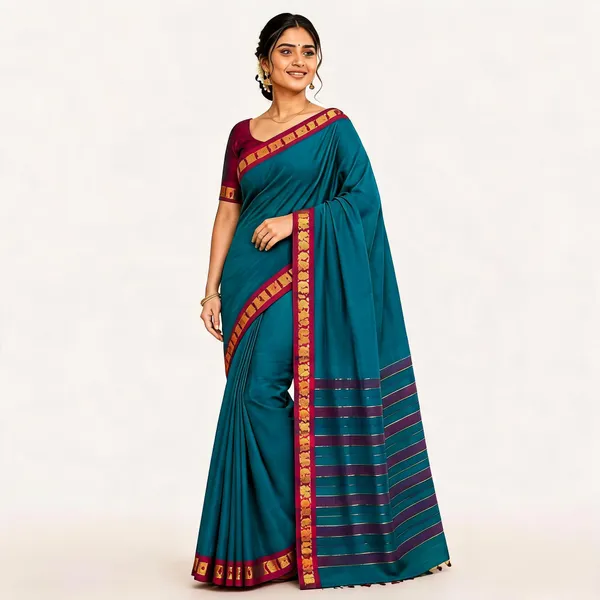 Teal_Pure_Cotton_Gadwal_Saree_For_Women