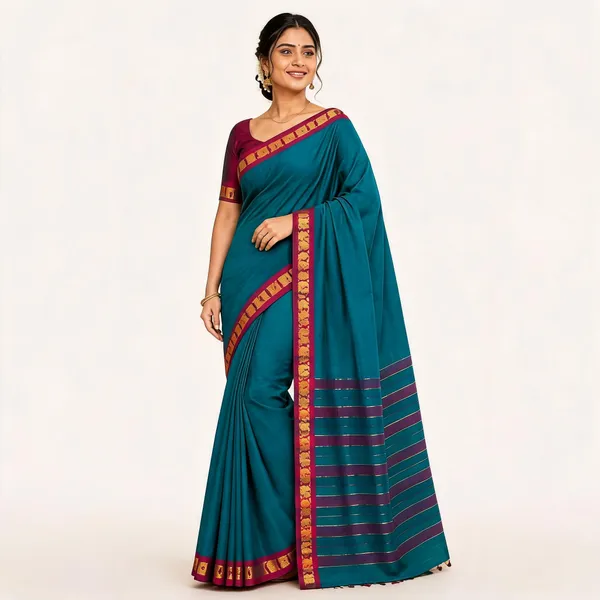 Teal_Pure_Cotton_Gadwal_Saree_For_Women