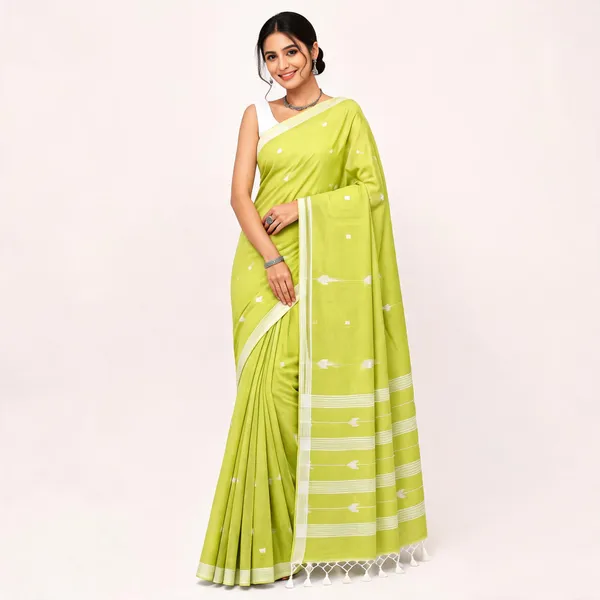 Lime_Green_Khadi_Handloom_Hand_Butta_Saree_For_Women