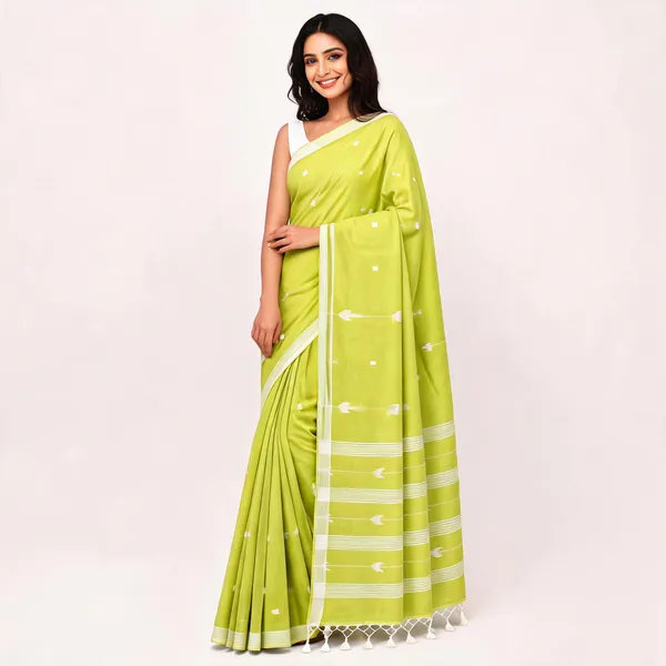 Lime_Green_Khadi_Handloom_Hand_Butta_Saree_For_Women