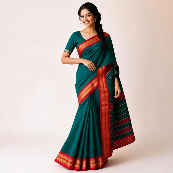 Teal_Cotton_Gadwal_Contrast_Border_Saree_For_Women