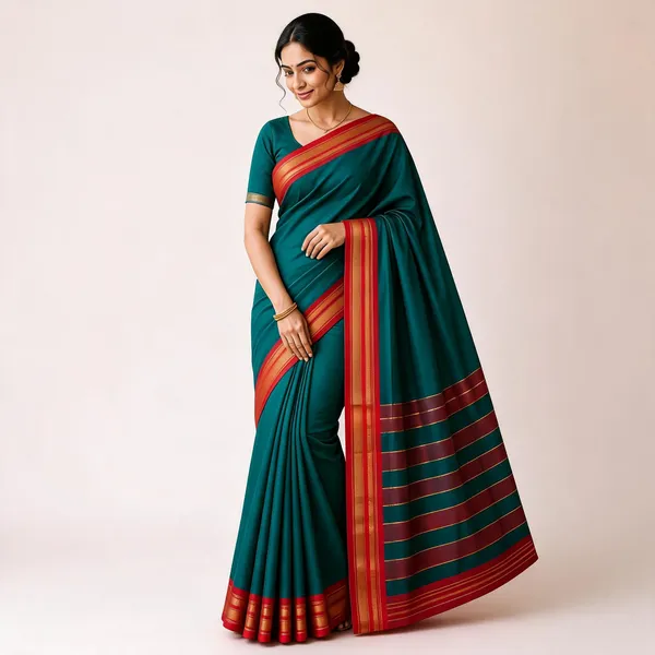 Teal_Cotton_Gadwal_Contrast_Border_Saree_For_Women