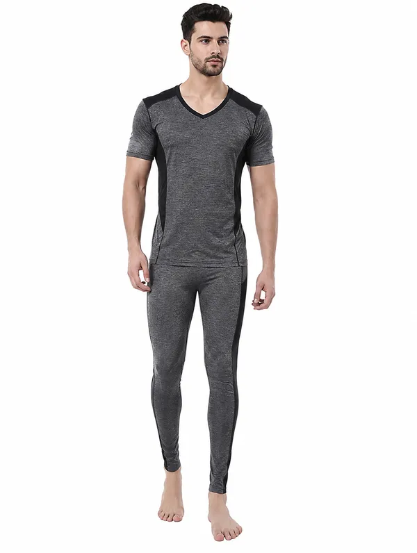 Men’S_Round_Neck_Half_Sleeve_Charcoal_Grey_Melange_Winter_Thermal_Set_Of_Top_Trouser