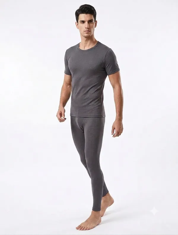 Men’S_Round_Neck_Half_Sleeve_Charcoal_Grey_Melange_Winter_Thermal_Set_Of_Top_Trouser