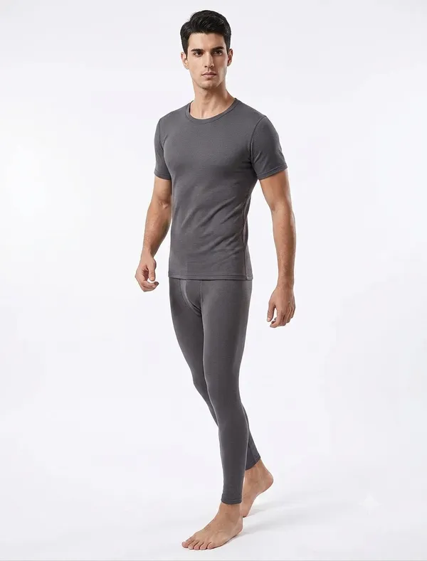 Men’S_Round_Neck_Half_Sleeve_Charcoal_Grey_Melange_Winter_Thermal_Set_Of_Top_Trouser