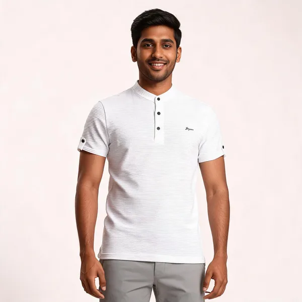 White_Cotton_Blend_Textured_Regular_Fit_Polo_T_Shirt_For_Men