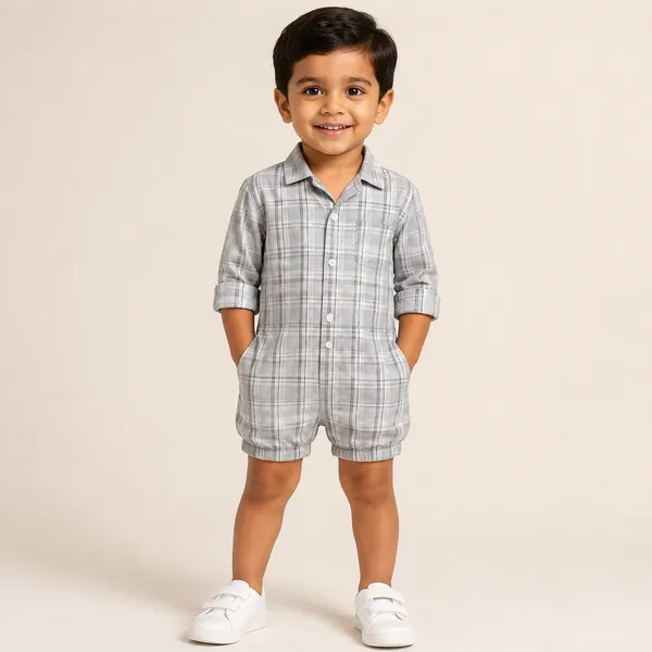 Grey_Cotton_Blend_Checked_Long_Sleeve_Romper_For_Babies