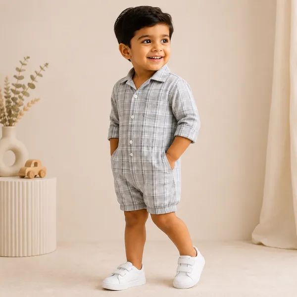 Grey_Cotton_Blend_Checked_Long_Sleeve_Romper_For_Babies