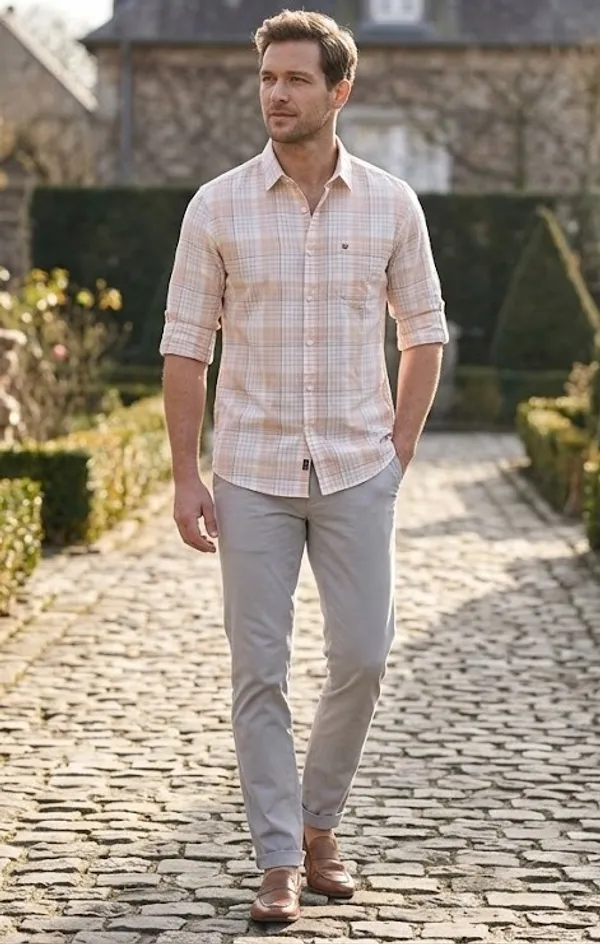 White_Beige_Cotton_Blend_Plaid_Romper_For_Men