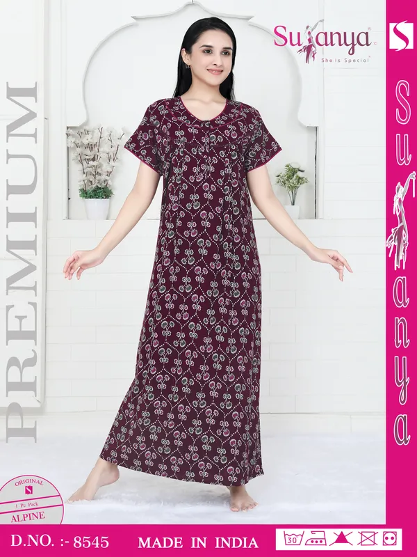 Maroon_Premium_Alpine_Cotton_Pleated_Nightdress_For_Women