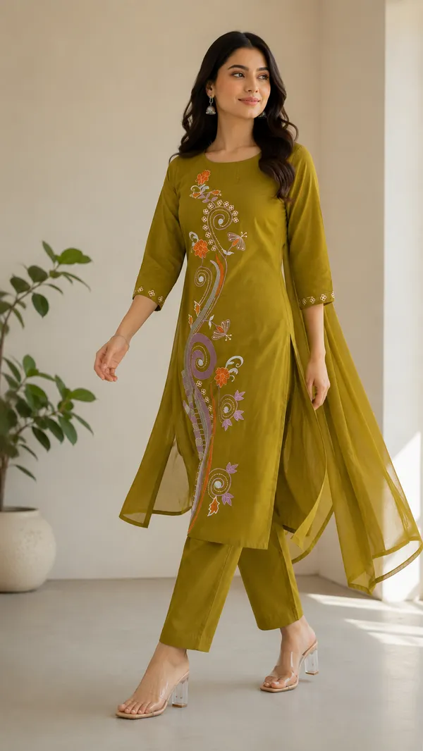 Olive_Green_Cotton_Straight_Embroidered_Kurta_Set_For_Women