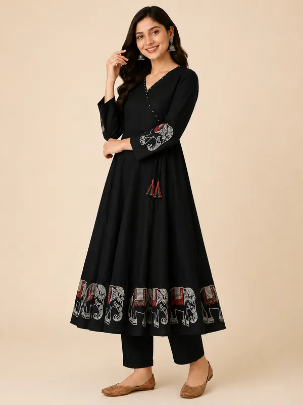 Black_Rayon_Flared_Elephant_Print_Kurta_Set_For_Women