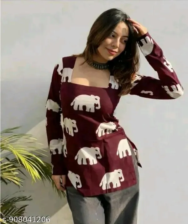 Maroon_Rayon_Longline_Elephant_Print_Top_For_Women