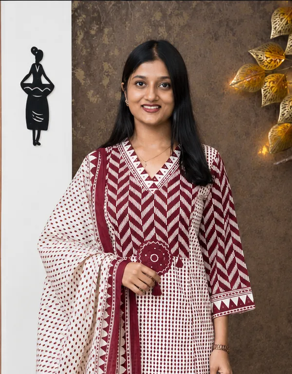 Maroon_Cotton_Straight_Geometric_Print_Kurta_Set_For_Women