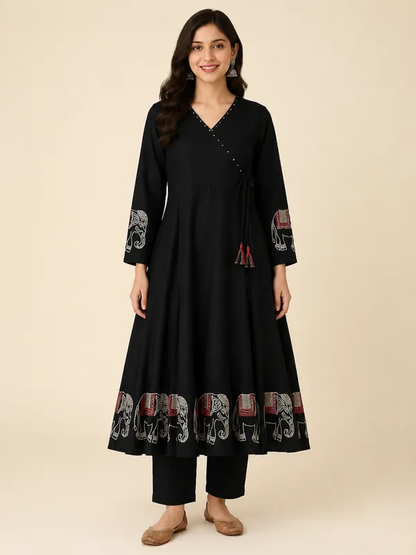 Black_Rayon_Flared_Elephant_Print_Kurta_Set_For_Women