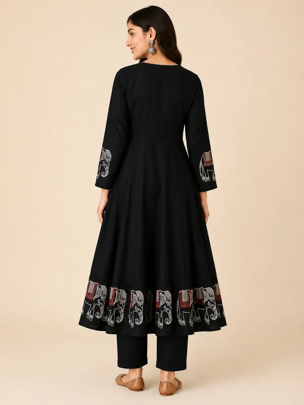 Black_Rayon_Flared_Elephant_Print_Kurta_Set_For_Women