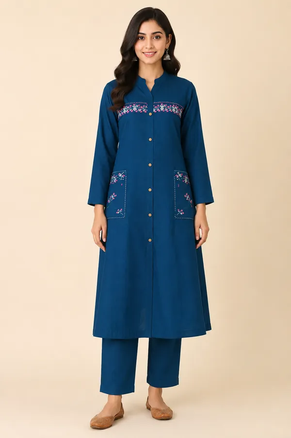 Blue_Rayon_Straight_Floral_Embroidered_Kurta_Set_For_Women